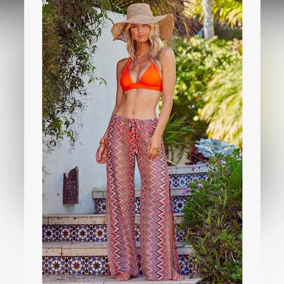Becca Sundown Crochet Split Leg Swim Cover Up Pants Carrot Orange, Pink L - Picture 1 of 8